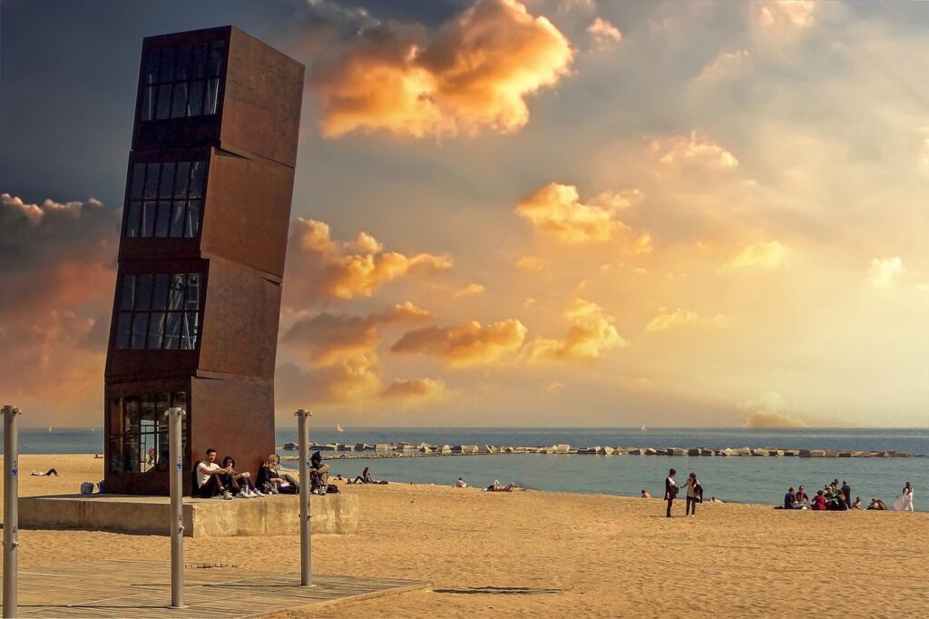 Crowded Barceloneta Beach during summer in Barcelona